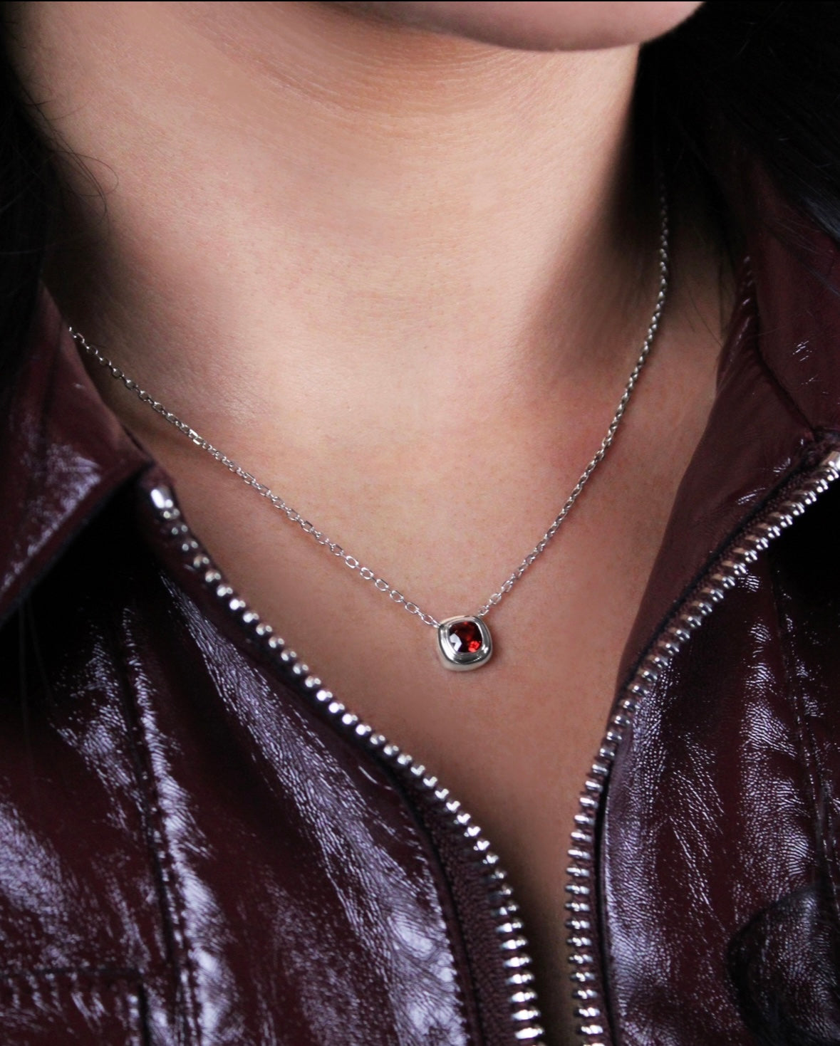 Red Garnet Puff Pendant in Sterling Silver